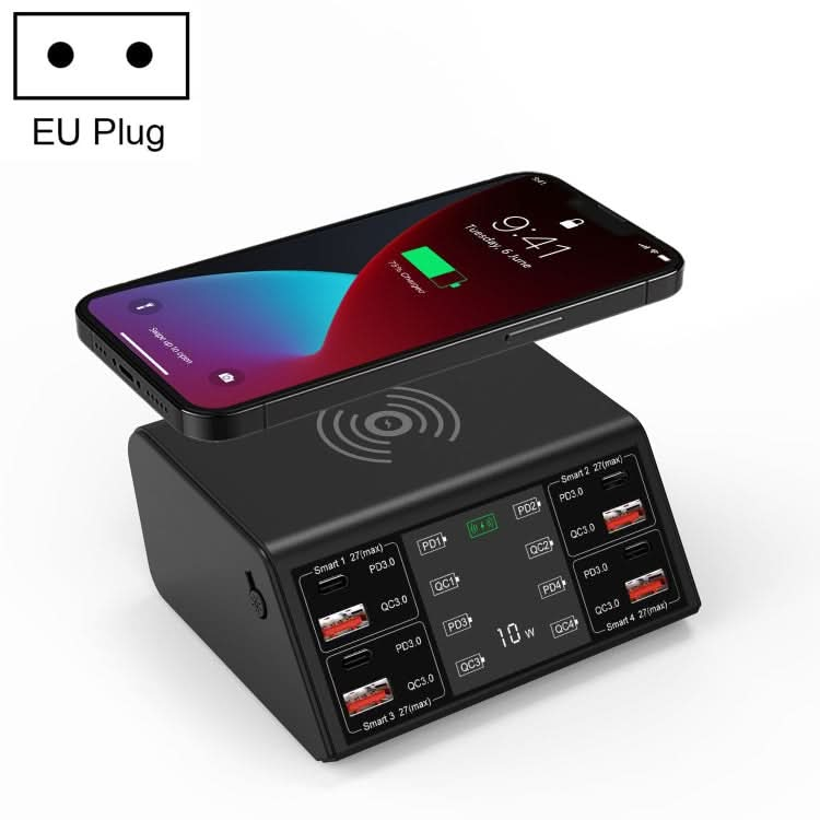 838w 9 in 1 100W 4 PD 3.0 USB-C / Type-C + 4 QC 3.0 USB Ports Smart Digital Display Wireless Charger,