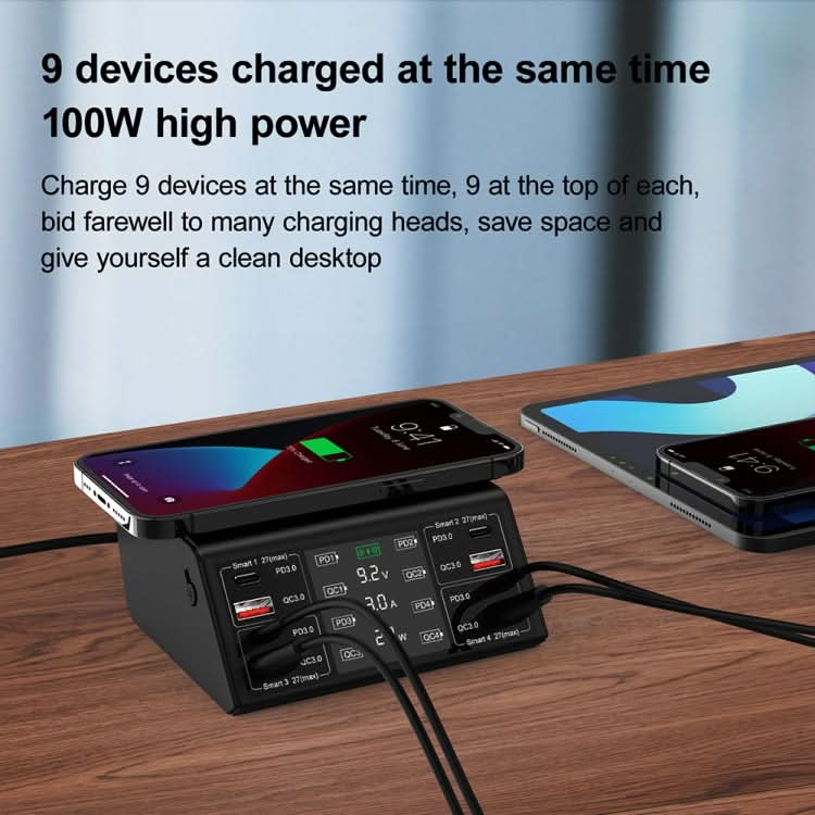 838w 9 in 1 100W 4 PD 3.0 USB-C / Type-C + 4 QC 3.0 USB Ports Smart Digital Display Wireless Charger,