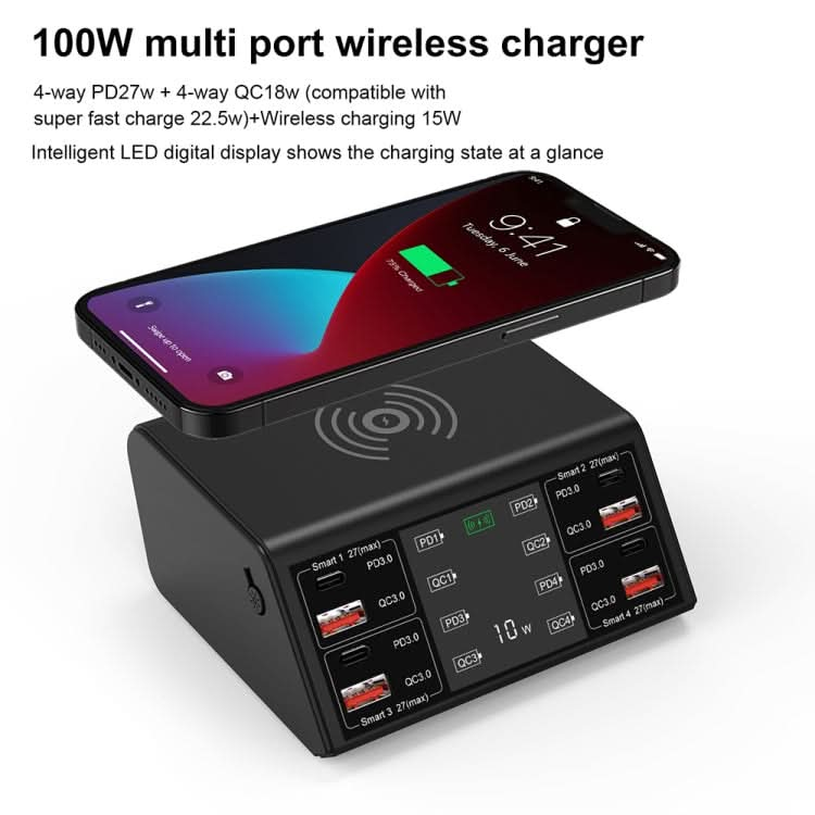 838w 9 in 1 100W 4 PD 3.0 USB-C / Type-C + 4 QC 3.0 USB Ports Smart Digital Display Wireless Charger,