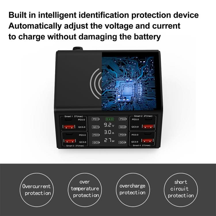 838w 9 in 1 100W 4 PD 3.0 USB-C / Type-C + 4 QC 3.0 USB Ports Smart Digital Display Wireless Charger,