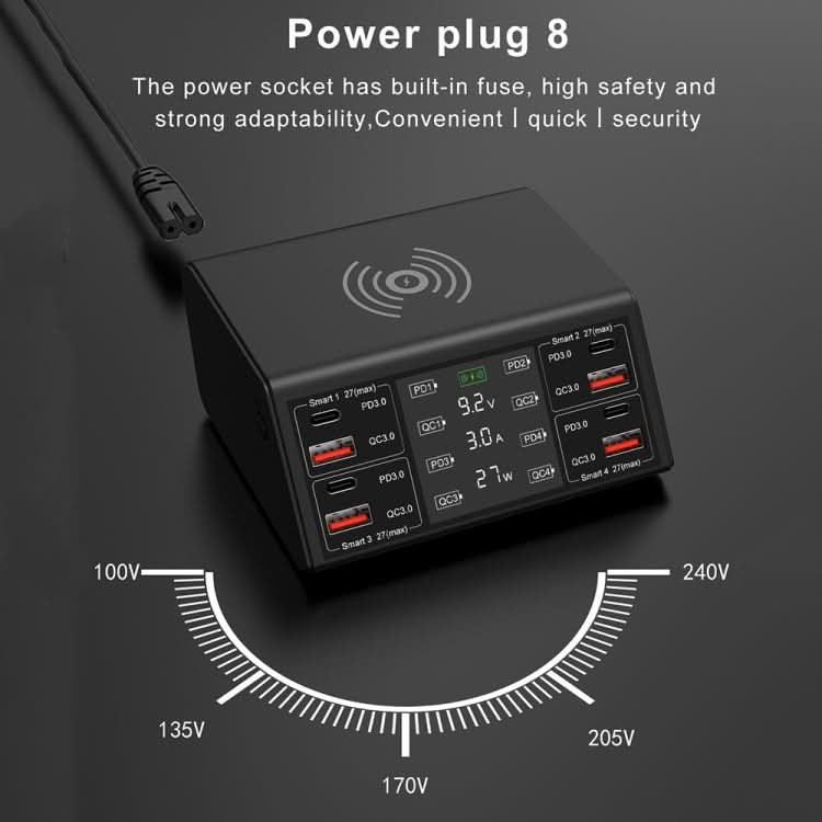 838w 9 in 1 100W 4 PD 3.0 USB-C / Type-C + 4 QC 3.0 USB Ports Smart Digital Display Wireless Charger,