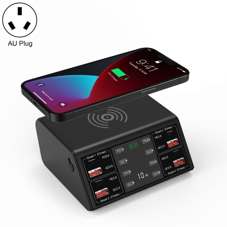 838w 9 in 1 100W 4 PD 3.0 USB-C / Type-C + 4 QC 3.0 USB Ports Smart Digital Display Wireless Charger,