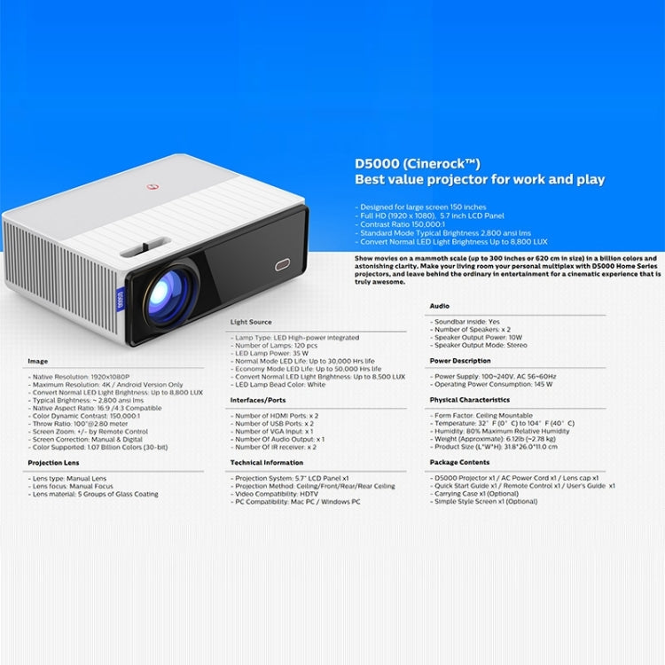 VIVIBRIGHT D5000 1920x1080P 420ANSI 6000Lumens LCD + LED HD Digital Projector, Basic Version