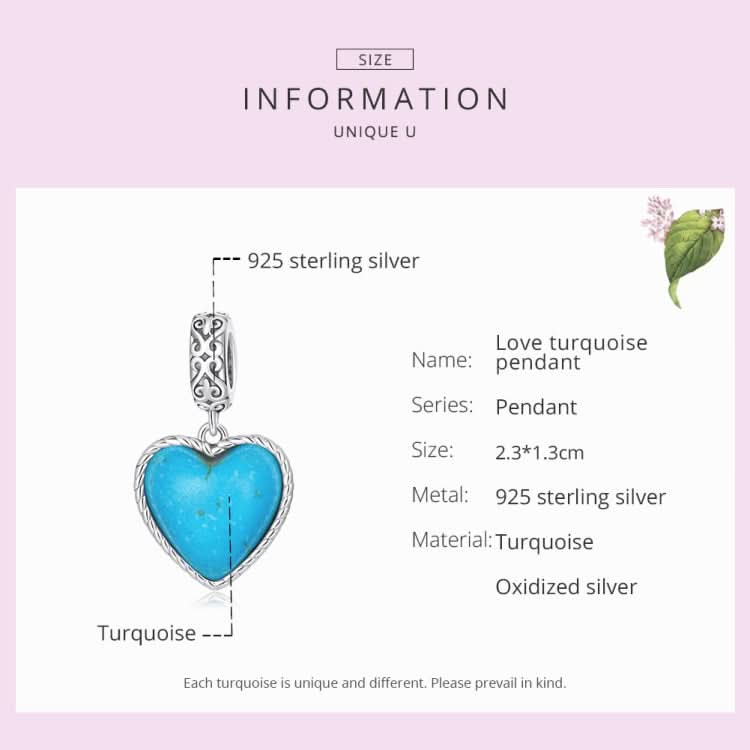 S925 Sterling Silver Heart Turquoise Pendant DIY Bracelet Necklace Accessories Reluova