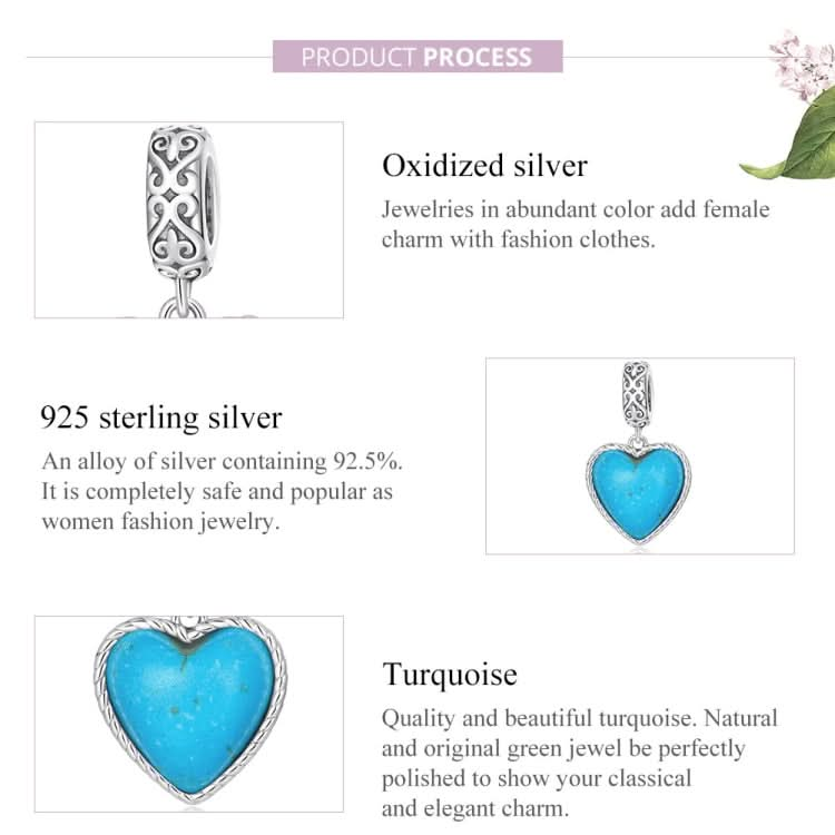 S925 Sterling Silver Heart Turquoise Pendant DIY Bracelet Necklace Accessories