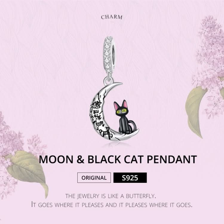 S925 Sterling Silver Moon Black Cat Pendant DIY Bracelet Necklace Accessories