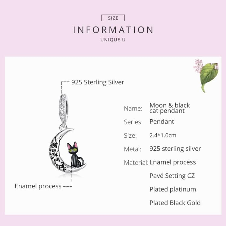 S925 Sterling Silver Moon Black Cat Pendant DIY Bracelet Necklace Accessories