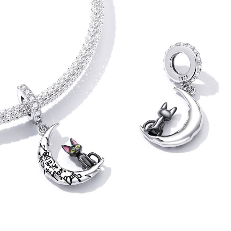 S925 Sterling Silver Moon Black Cat Pendant DIY Bracelet Necklace Accessories