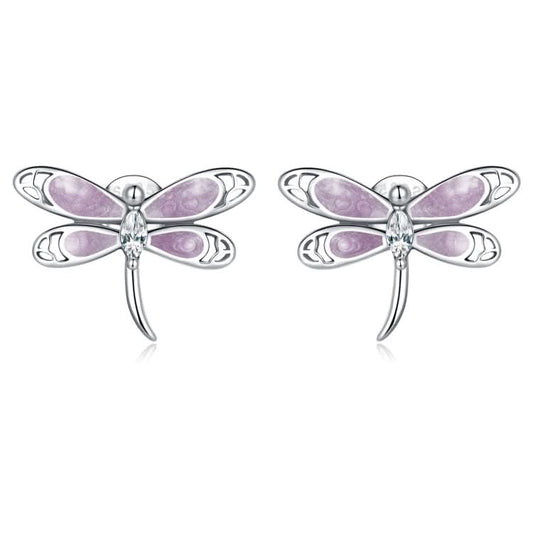 S925 Sterling Silver Pink Dragonfly Ear Stud Women Earrings Reluova