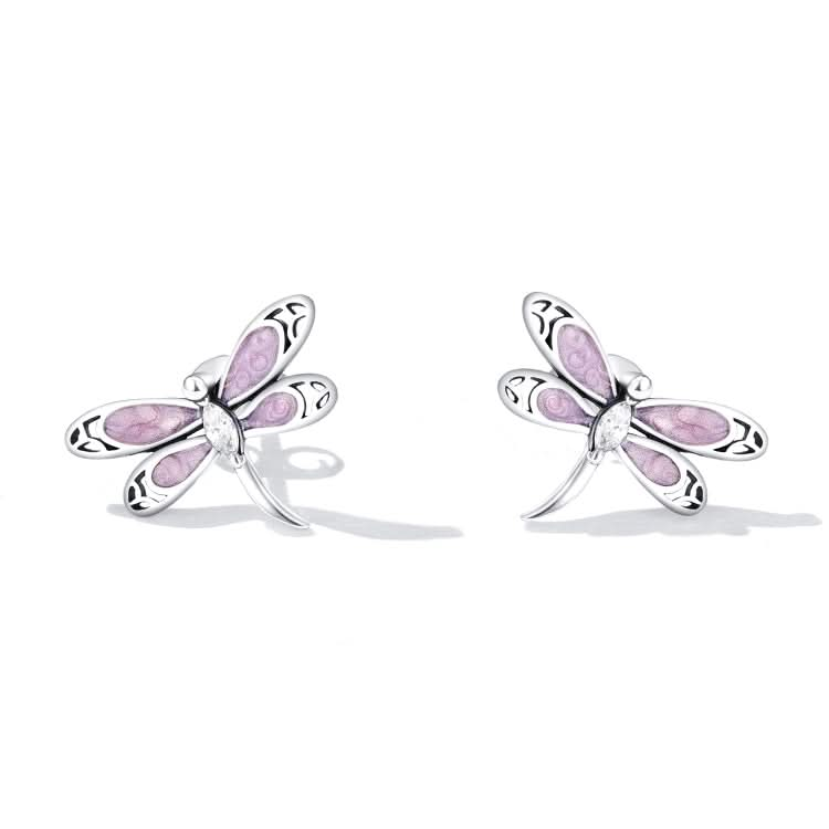 S925 Sterling Silver Pink Dragonfly Ear Stud Women Earrings Reluova