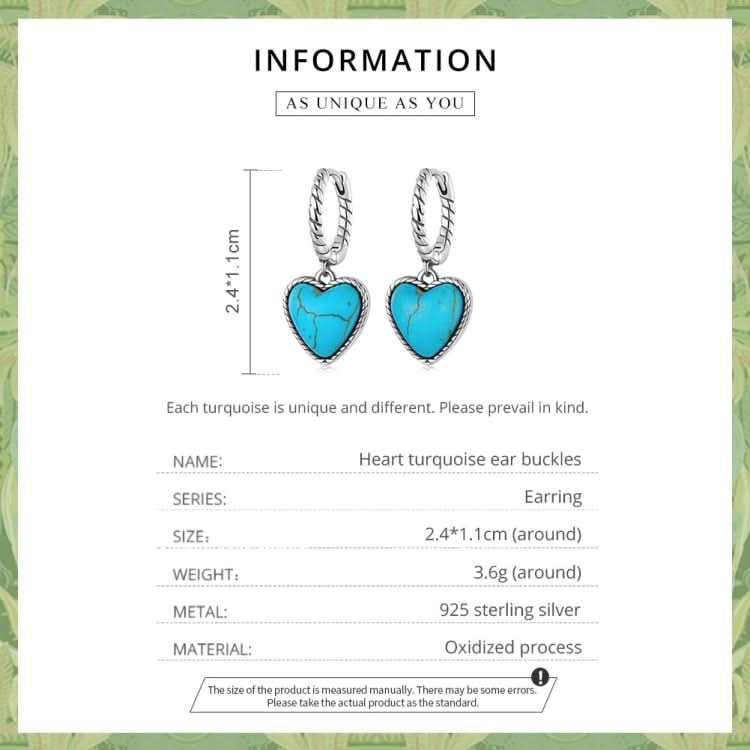 S925 Sterling Silver Heart Turquoise Ear Buckle Women Earrings Reluova