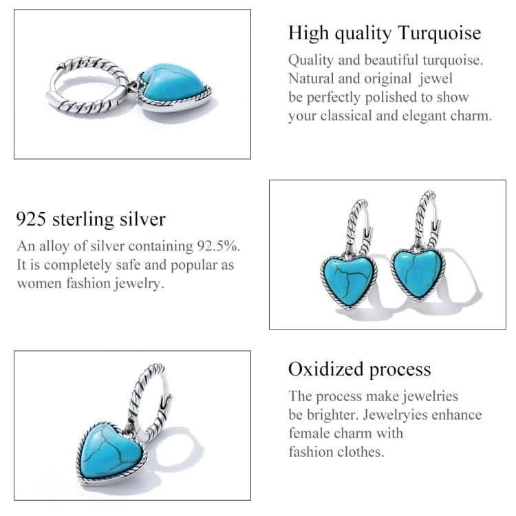 S925 Sterling Silver Heart Turquoise Ear Buckle Women Earrings Reluova