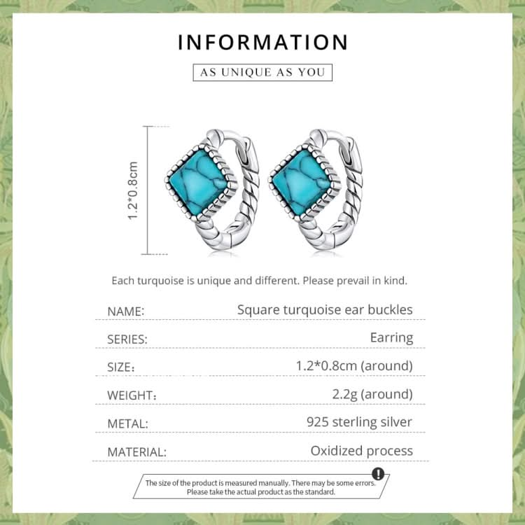 S925 Sterling Silver Square Turquoise Ear Buckle Women Earrings Reluova