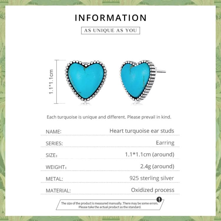 S925 Sterling Silver Heart Turquoise Ear Stud Women Earrings Reluova