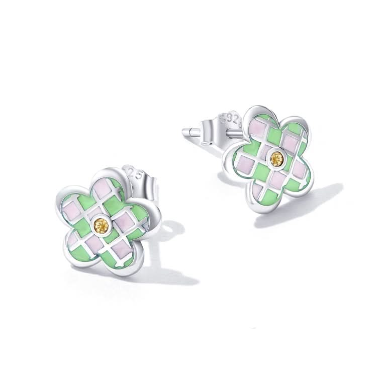 S925 Sterling Silver Checkerboard Flower Ear Stud Women Earrings Reluova