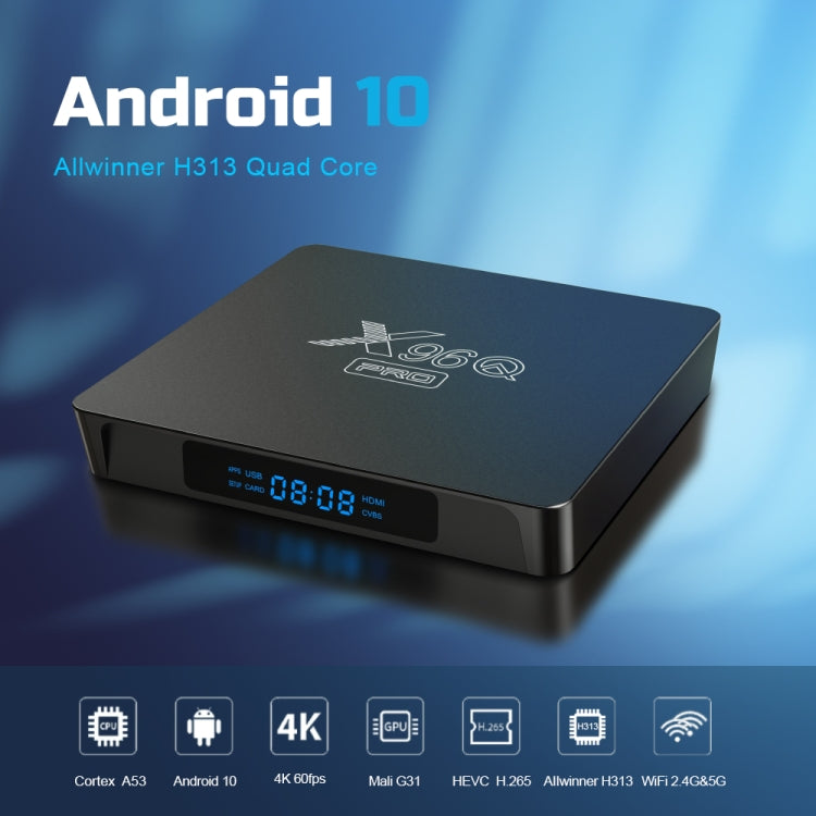 X96Q PRO 4K Smart TV BOX Android 10.0 Media Player, Allwinner H313 Quad Core ARM Cortex A53, RAM: 2GB, ROM: 16GB