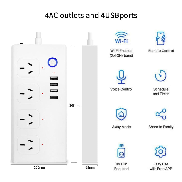 SM-SO301-A 4 Holes + 4 USB 2000W Multi-purpose Smart Power Strip, AU Plug