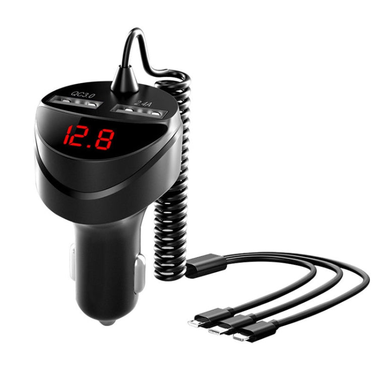 C68 LED Digital Display QC3.0 Fast Car Charger 3 in 1 with Spring Cable