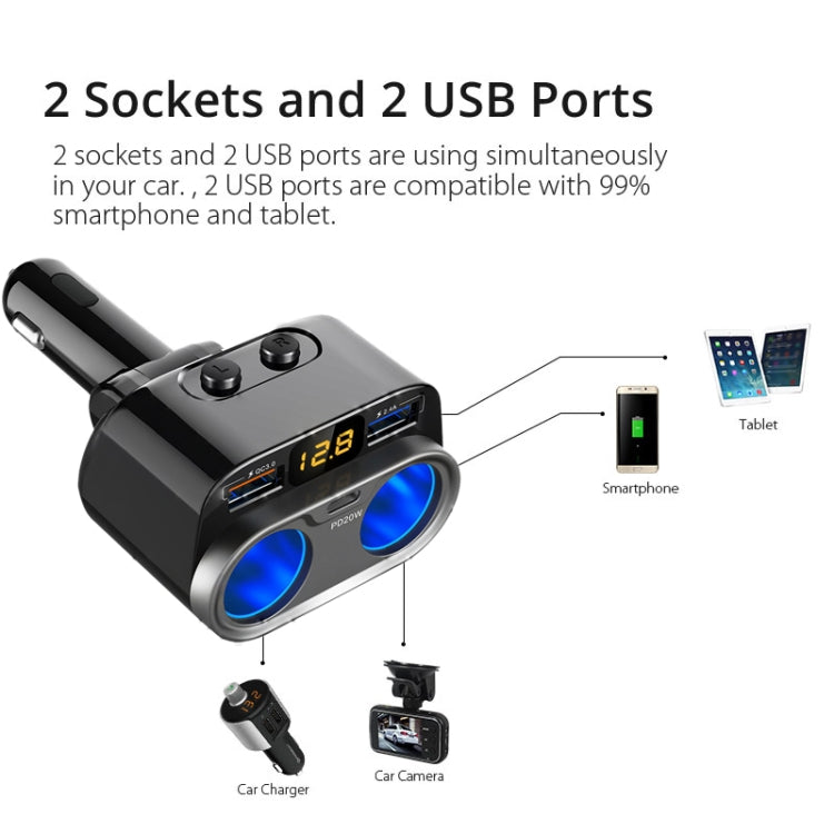 C47PQ Car Cigarette Lighter + Dual USB + Type-C Car Charger