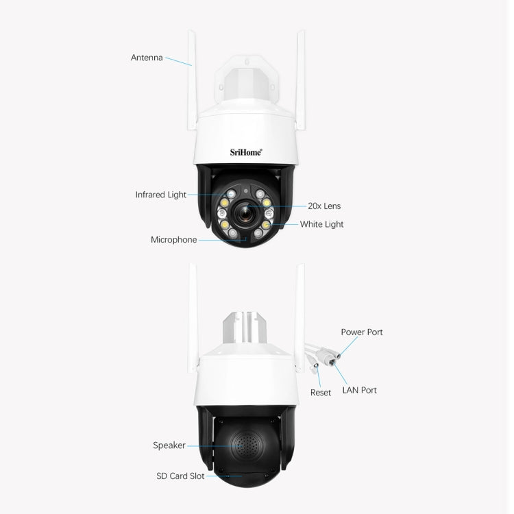 SriHome SH041 5.0MP 20X Optical Zoom 2.4G/5G WiFi Waterproof AI Auto Tracking H.265 Video Surveillance