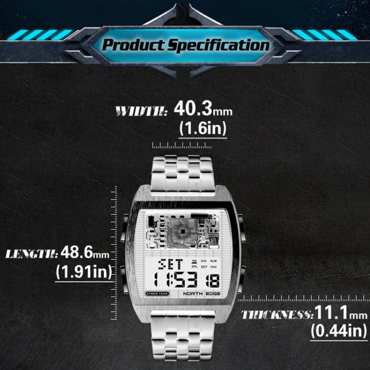 NORTH EDGE CyberTank Stainless Steel Strap Multifunctional Electronic Watch