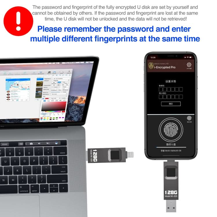 NK-828 8 Pin + Mirco USB 2 in 1 Zinc Alloy U Disk with Fingerprint Unlock