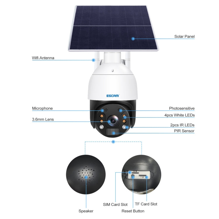 ESCAM QF724 3MP 24h Recording Cloud Storage PT 4G PIR Alarm IP Camera with Solar Panel