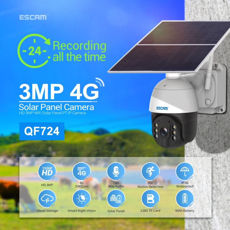 ESCAM QF724 3MP 24h Recording Cloud Storage PT 4G PIR Alarm IP Camera with Solar Panel