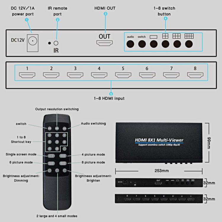 NK-818 HDMI 8x1 Multi-Viewer Supports Seamless Switch 1080P, US Plug My Store