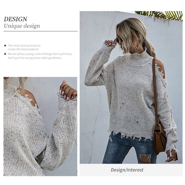 Ladies Loose Off Shoulder Ripped Long-Sleeved Turtleneck Autumn Knitted Sweater