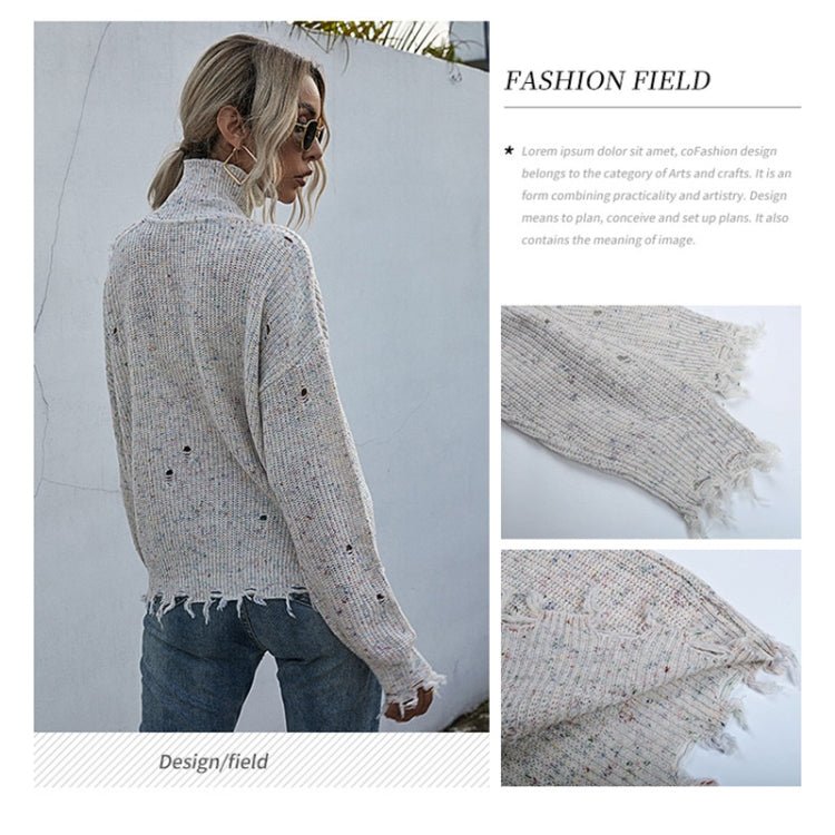 Ladies Loose Off Shoulder Ripped Long-Sleeved Turtleneck Autumn Knitted Sweater