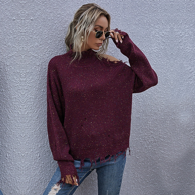 Ladies Loose Off Shoulder Ripped Long-Sleeved Turtleneck Autumn Knitted Sweater My Store