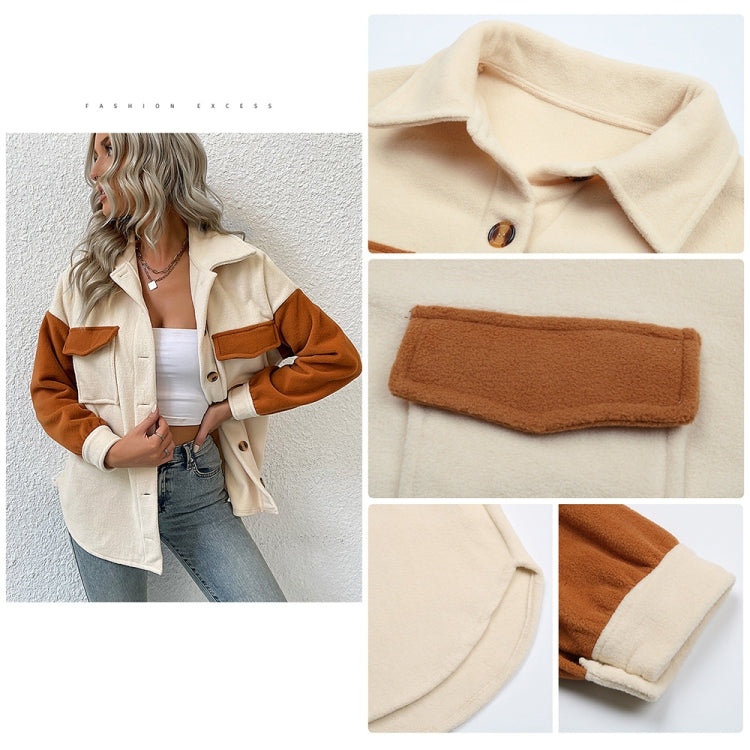 Ladies Lapel Colorblock Long Sleeve Pocket Fall Winter Fleece Jacket