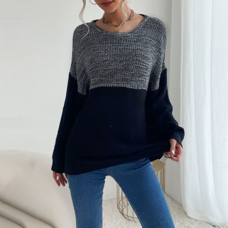 Women Long Sleeve Contrast Color Crew Neck Bottoming Sweater