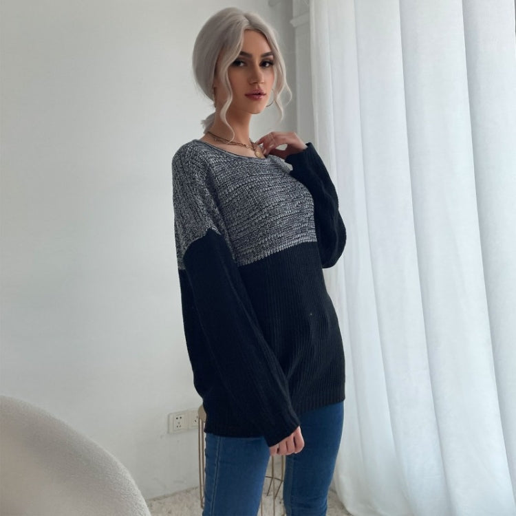 Women Long Sleeve Contrast Color Crew Neck Bottoming Sweater