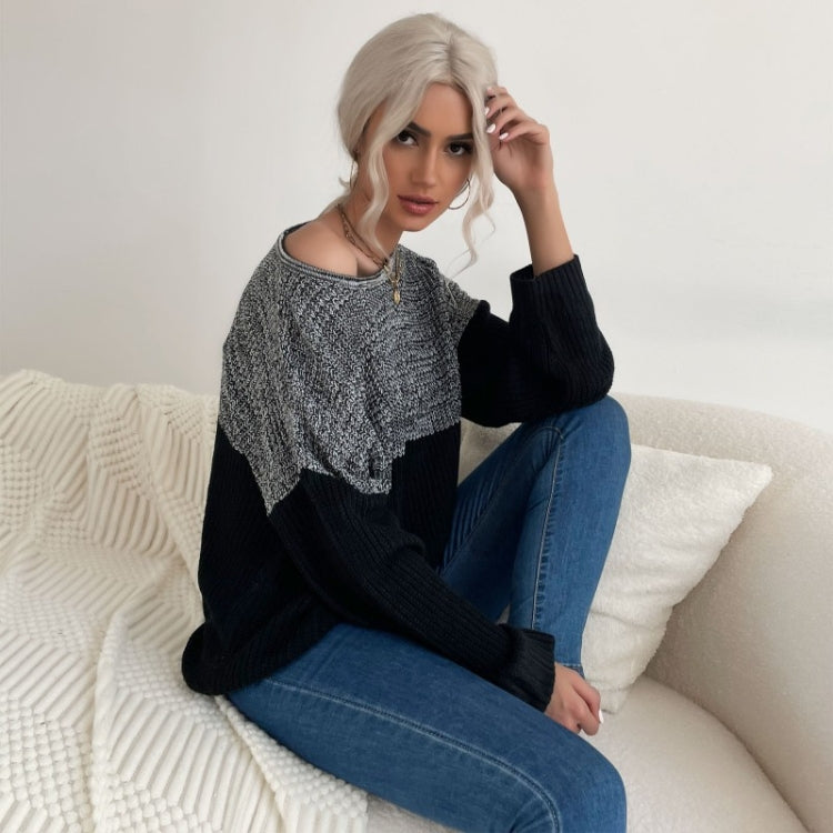 Women Long Sleeve Contrast Color Crew Neck Bottoming Sweater