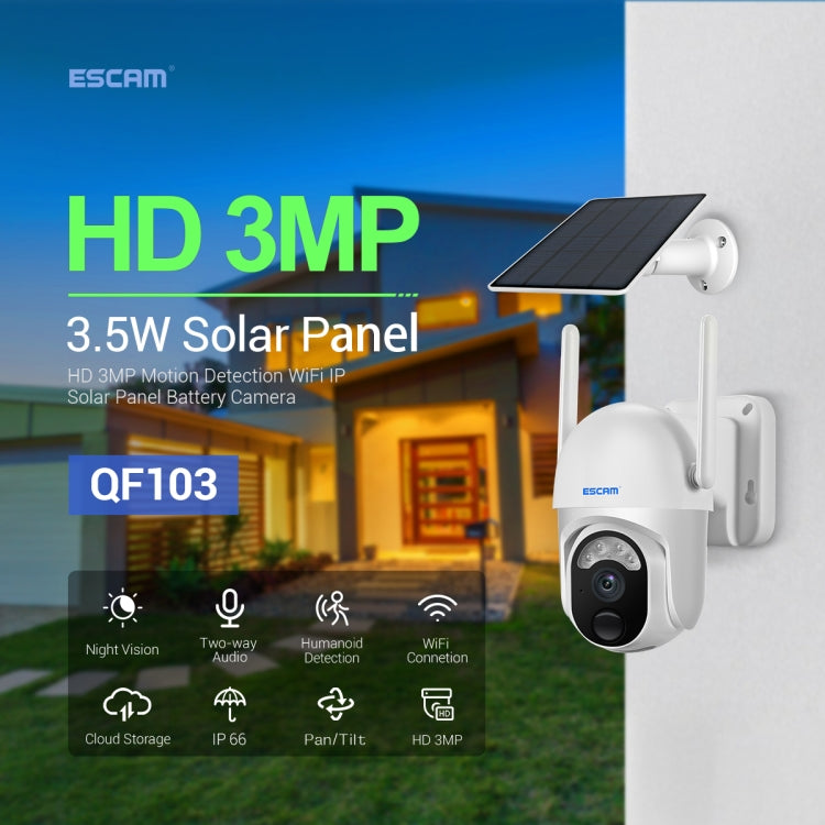 ESCAM QF103 3MP Cloud Storage PT WIFI PIR Alarm IP Camera with Solar Panel Battery Support Full Color Night Vision & Two Way Audio