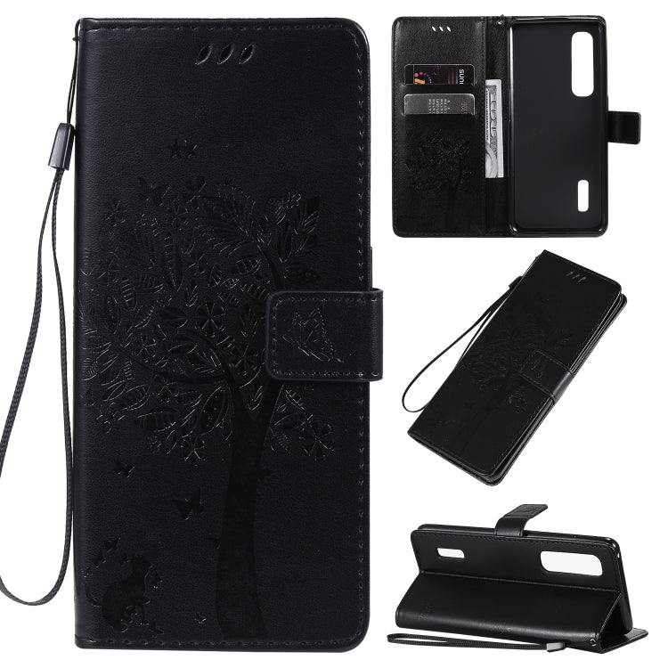 Tree & Cat Pattern Pressed Printing Horizontal Flip PU Leather Case with Holder & Card Slots & Wallet & Lanyard, Series 9