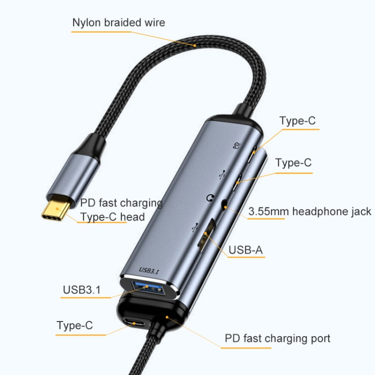 Y003 5 in 1 USB-C/Type-C to USB3.1+USB2.0+Dual USB-C/Type-C+3.5mm Audio Interface Multi-function Adapter