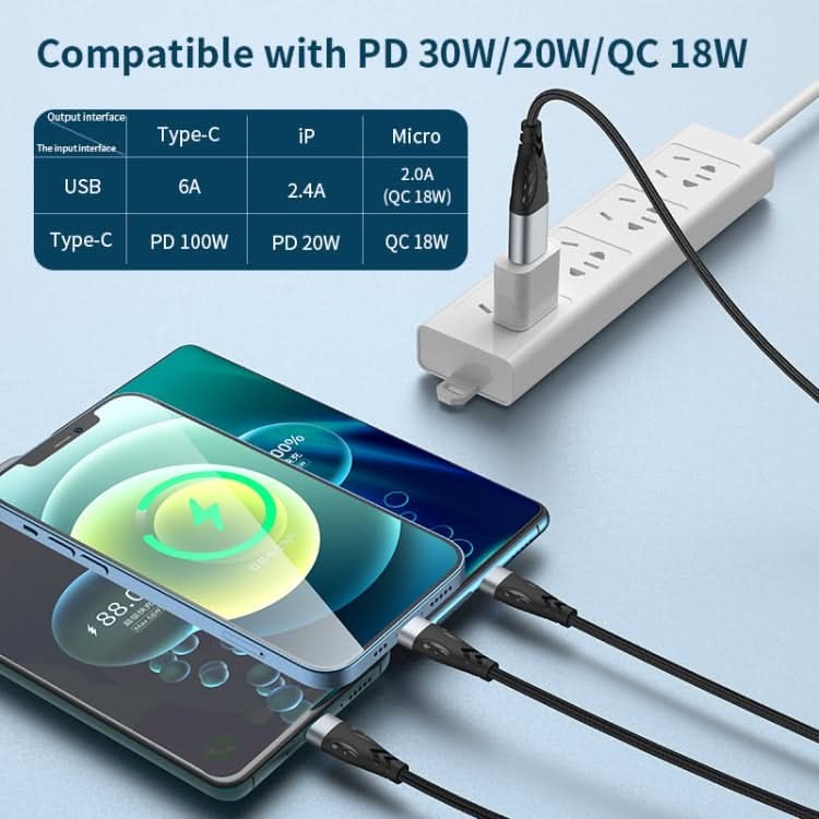 ADC-008 100W USB/Type-C to Type-C + 8 Pin + Micro USB Two to Three Fully Compatible Fast Charge Data Cable