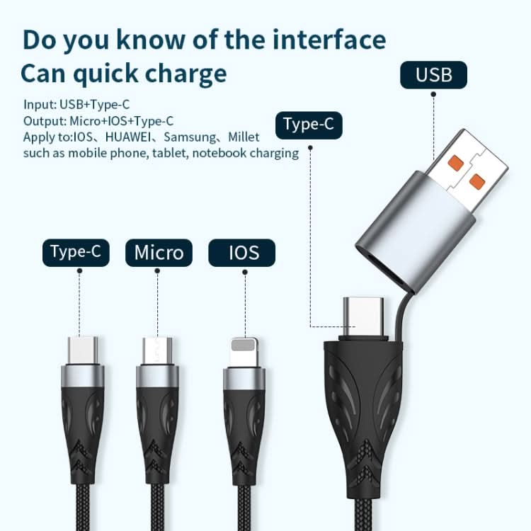 ADC-008 100W USB/Type-C to Type-C + 8 Pin + Micro USB Two to Three Fully Compatible Fast Charge Data Cable