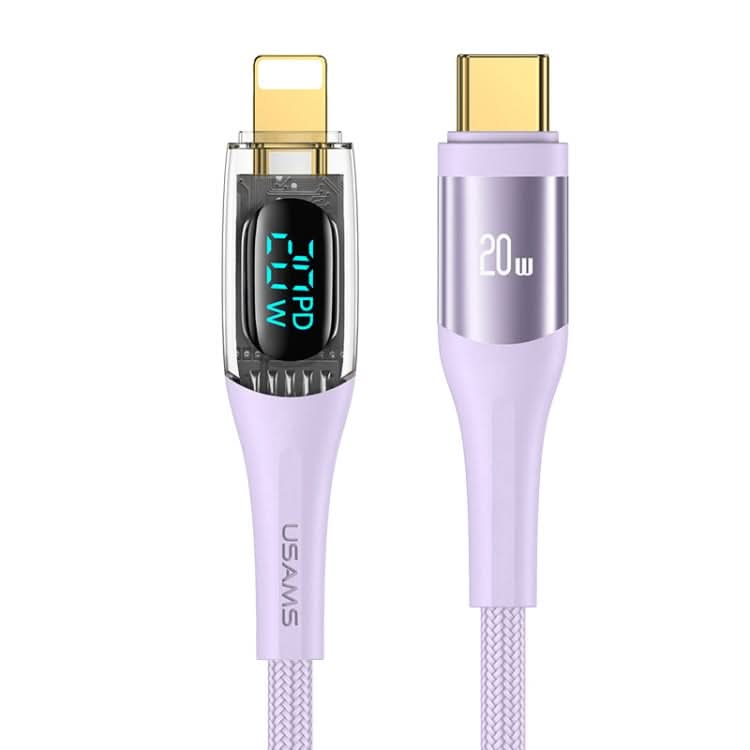 USAMS Type-C to 8 Pin PD20W Aluminum Alloy Transparent Digital Display Fast Charge Data Cable