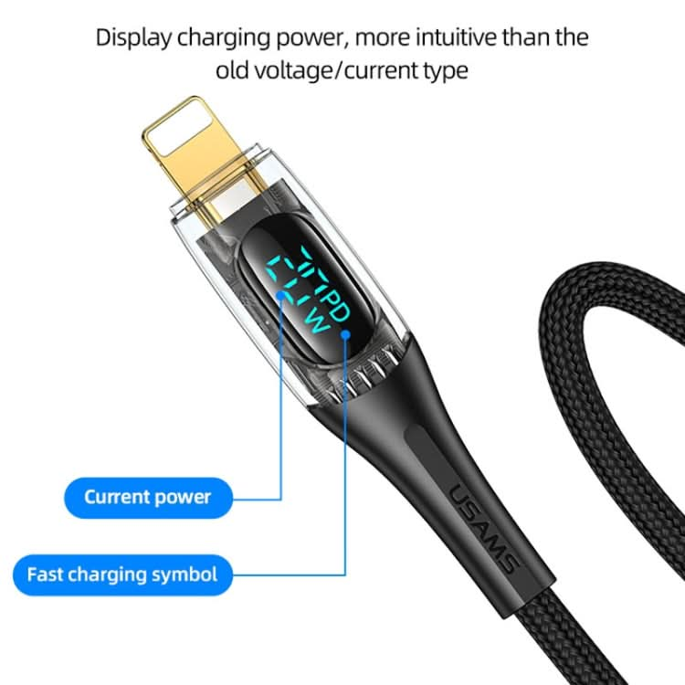 USAMS Type-C to 8 Pin PD20W Aluminum Alloy Transparent Digital Display Fast Charge Data Cable