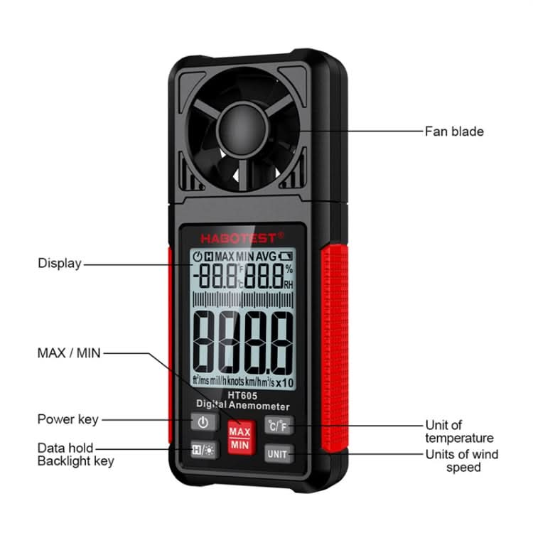 HABOTEST HT605 Portable Intelligent Digital Display Handheld Wind Speed Tester My Store