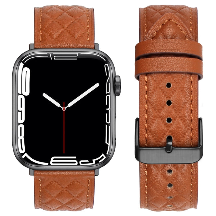 Rhombus Pattern Genuine Leather Watch Band For Apple Watch Series 8&7 45mm / SE 2&6&SE&5&4 44mm / 3&2&1 42mm