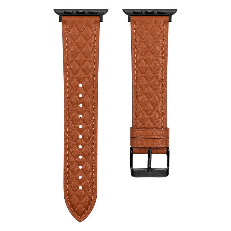 Rhombus Pattern Genuine Leather Watch Band For Apple Watch Series 8&7 45mm / SE 2&6&SE&5&4 44mm / 3&2&1 42mm