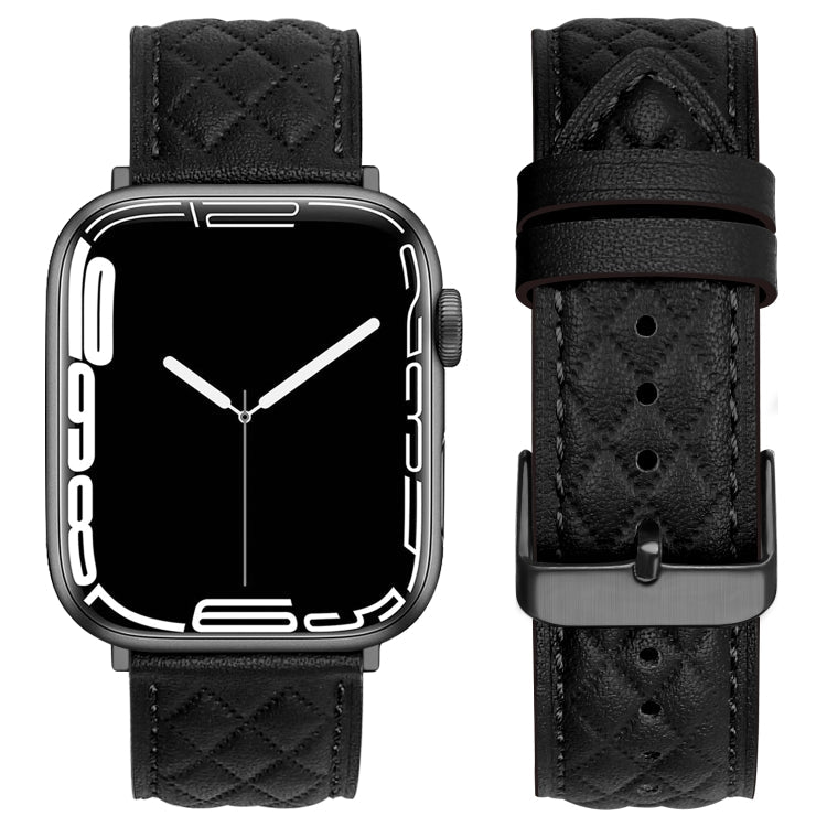 Rhombus Pattern Genuine Leather Watch Band For Apple Watch Series 8&7 45mm / SE 2&6&SE&5&4 44mm / 3&2&1 42mm