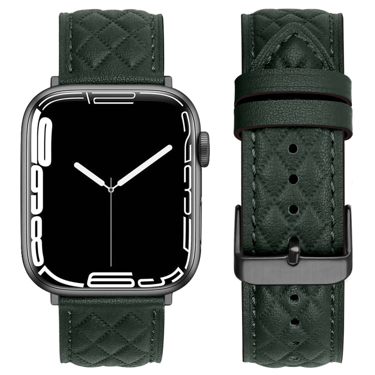 Rhombus Pattern Genuine Leather Watch Band For Apple Watch Series 8&7 45mm / SE 2&6&SE&5&4 44mm / 3&2&1 42mm