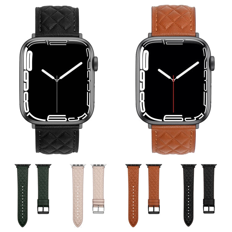 Rhombus Pattern Genuine Leather Watch Band For Apple Watch Series 8&7 45mm / SE 2&6&SE&5&4 44mm / 3&2&1 42mm