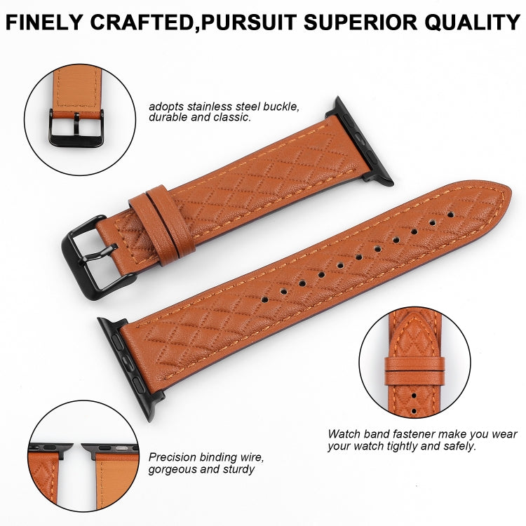 Rhombus Pattern Genuine Leather Watch Band For Apple Watch Series 8&7 45mm / SE 2&6&SE&5&4 44mm / 3&2&1 42mm